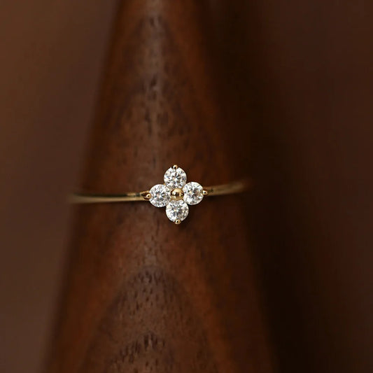 925 Sterling Silver Plated18K Gold Inlaid Zirconia Flower Ring