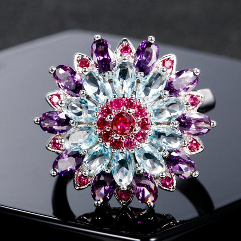 Silver S925 Multicolor Gemstone Flower Shape
