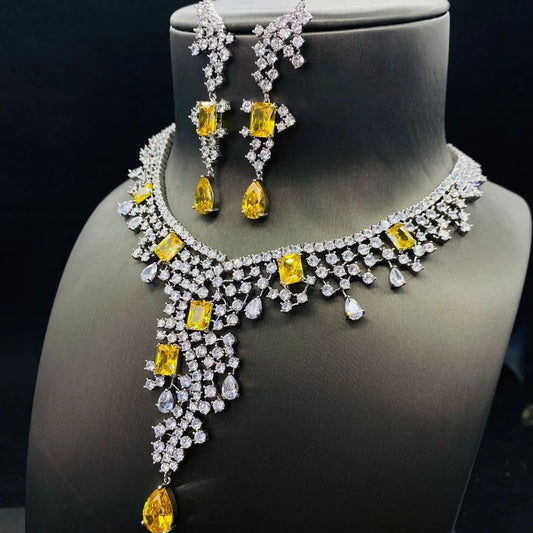 14K White Gold Topaz Diamond Cz Jewelry set Promise Party Wedding Earrings Necklace For Women Bridal Engagement Jewelry Gift