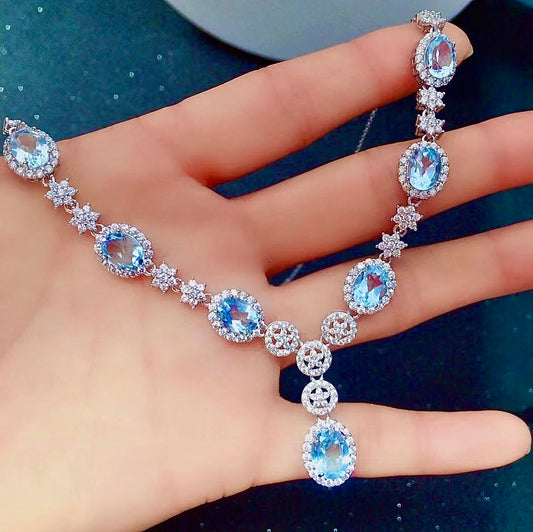 Dazzling 925 Silver Topaz Necklace for Wedding 7 Pieces 100% Natural Light Blue Topaz Silver Necklace Brithday Gift for Wife