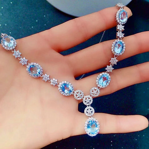 Dazzling 925 Silver Topaz Necklace for Wedding 7 Pieces 100% Natural Light Blue Topaz Silver Necklace Brithday Gift for Wife