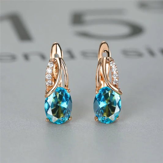 Aqua Blue Zircon Oval Stone Earrings Multicolor Crystal Hoop Earrings