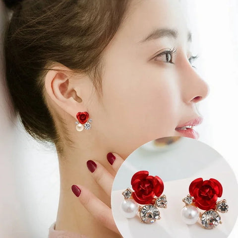 Fashion Red Rose Rhinestone Stud Earrings