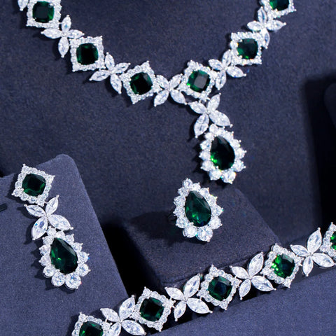 Pera Luxurious Silver Color Green CZ Crystal Leaf Square Shape Link Bracelet Ring Necklace Earrings Jewelry Sets for Brides J494