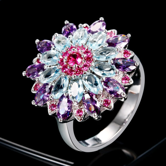 Silver S925 Multicolor Gemstone Flower Shape