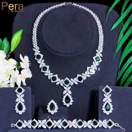 Pera Luxurious Silver Color Green CZ Crystal Leaf Square Shape Link Bracelet Ring Necklace Earrings Jewelry Sets for Brides J494