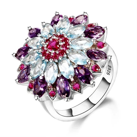 Silver S925 Multicolor Gemstone Flower Shape