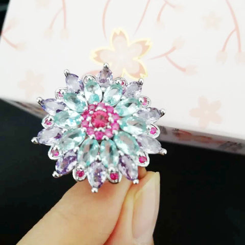 Silver S925 Multicolor Gemstone Flower Shape
