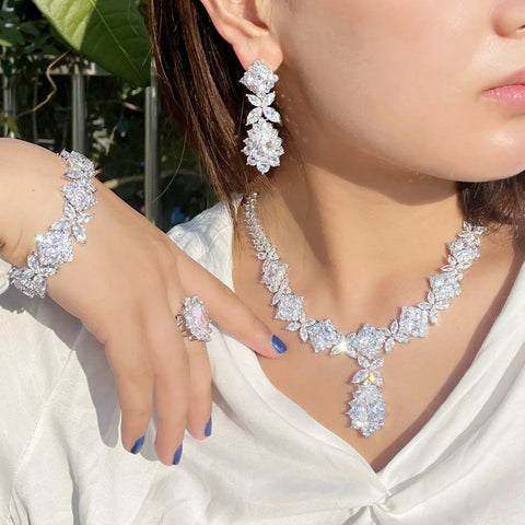 Pera Luxurious Silver Color Green CZ Crystal Leaf Square Shape Link Bracelet Ring Necklace Earrings Jewelry Sets for Brides J494