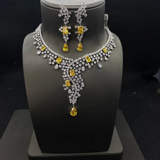14K White Gold Topaz Diamond Cz Jewelry set Promise Party Wedding Earrings Necklace For Women Bridal Engagement Jewelry Gift
