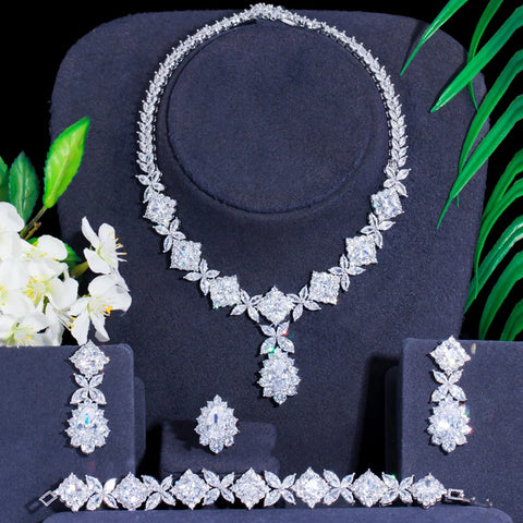 Pera Luxurious Silver Color Green CZ Crystal Leaf Square Shape Link Bracelet Ring Necklace Earrings Jewelry Sets for Brides J494