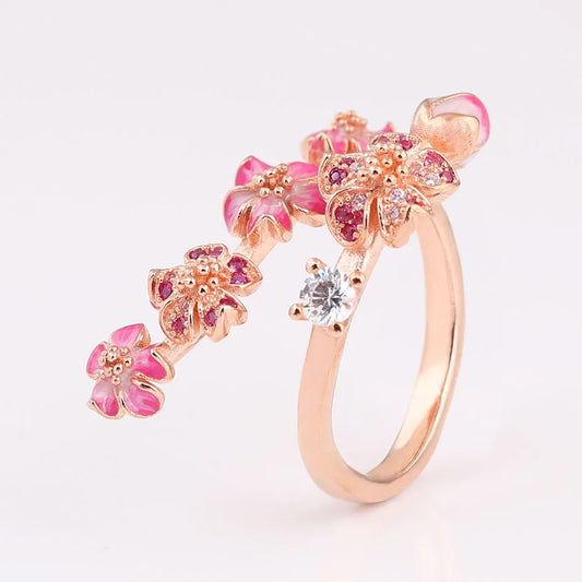 S925 Silver Rose Enamel Peach Blossom With Crystal Ring