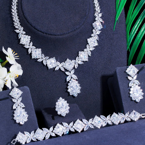 Pera Luxurious Silver Color Green CZ Crystal Leaf Square Shape Link Bracelet Ring Necklace Earrings Jewelry Sets for Brides J494