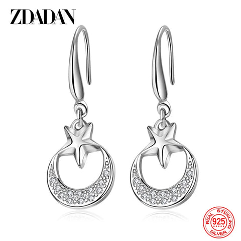 ZDADAN 925 Sterling Silver Star Moon Dangle Earrings