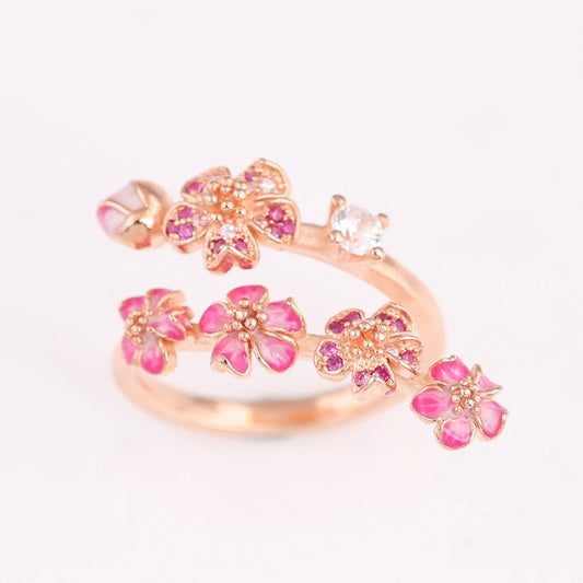 S925 Silver Rose Enamel Peach Blossom With Crystal Ring