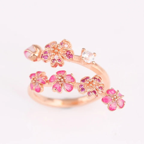 S925 Silver Rose Enamel Peach Blossom With Crystal Ring