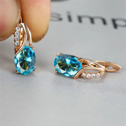 Aqua Blue Zircon Oval Stone Earrings Multicolor Crystal Hoop Earrings