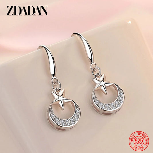 ZDADAN 925 Sterling Silver Star Moon Dangle Earrings