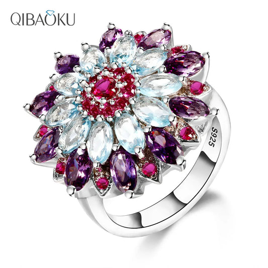 Silver S925 Multicolor Gemstone Flower Shape
