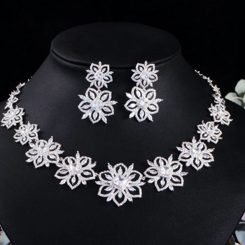 CWWZircons Beautiful Flower Green Cubic Zirconia Bridal Wedding Jewelry Set for Brides Evening Dancing Party Accessories T513