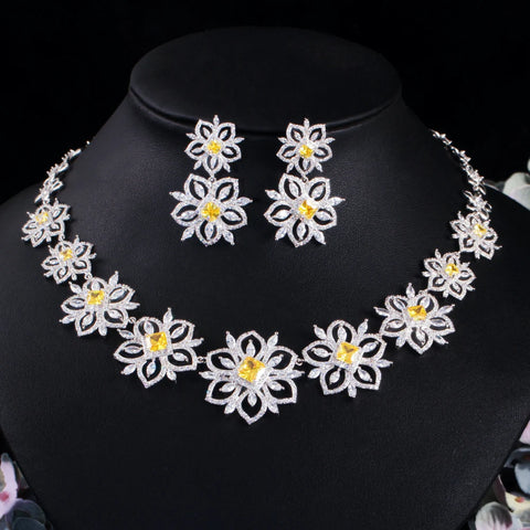 CWWZircons Beautiful Flower Green Cubic Zirconia Bridal Wedding Jewelry Set for Brides Evening Dancing Party Accessories T513