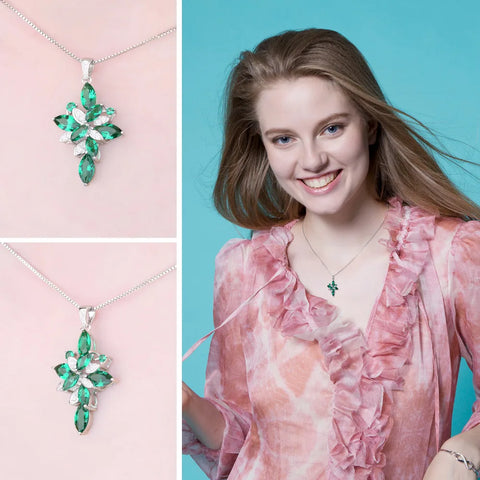 JewelryPalace Flower 2.4ct Green Simulated Nano Emerald 925 Sterling Silver Pendant Necklace for Women Gemstone Choker No Chain