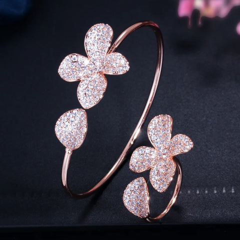 ThreeGraces Shiny Cubic Zirconia Micro Pave Flower Cuff