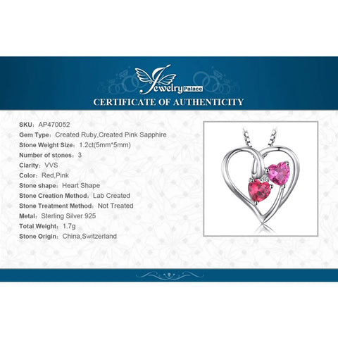 JewelryPalace Love Heart 1.2ct Created Ruby Pink Sapphire 925 Sterling Silver Pendant Necklace for Woman Jewelry Without Chain