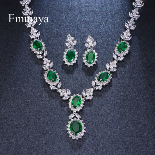 Emmaya Brand Fashion Luxury Cubic Zirconia Bridal Jewelry Sets Green Oval Crystal Rhinestone Party Wedding Jewelry Necklace Sets