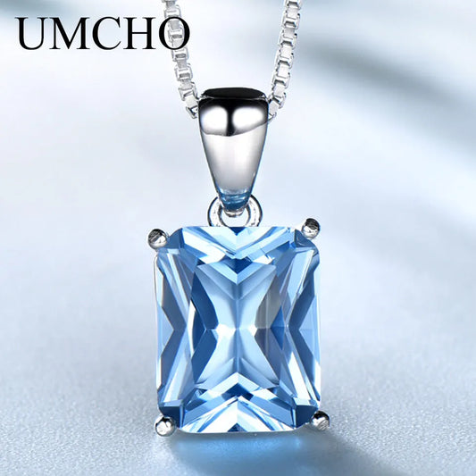 UMCHO Gemstone Nano Blue Topaz Pendants Necklaces