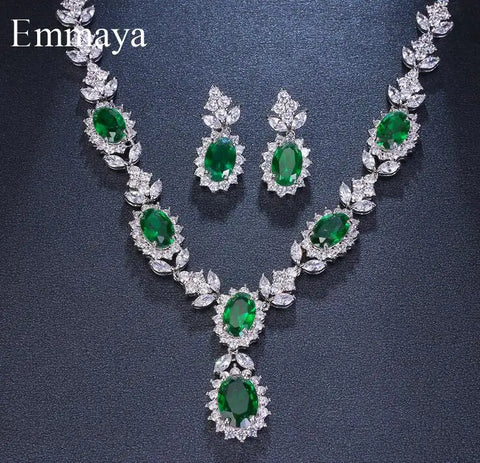 Emmaya Brand Fashion Luxury Cubic Zirconia Bridal Jewelry Sets Green Oval Crystal Rhinestone Party Wedding Jewelry Necklace Sets