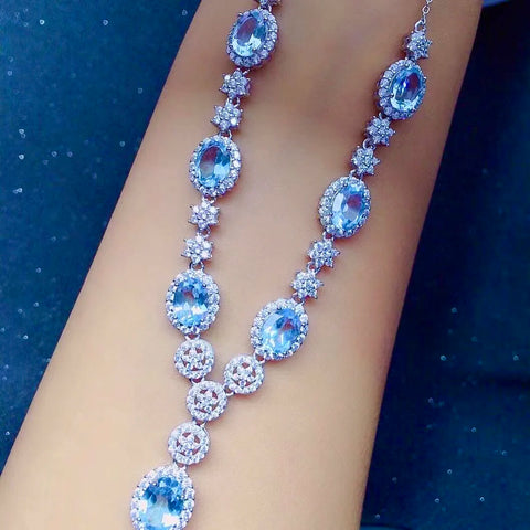 Dazzling 925 Silver Topaz Necklace for Wedding 7 Pieces 100% Natural Light Blue Topaz Silver Necklace Brithday Gift for Wife