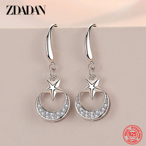 ZDADAN 925 Sterling Silver Star Moon Dangle Earrings