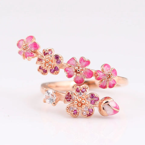 S925 Silver Rose Enamel Peach Blossom With Crystal Ring
