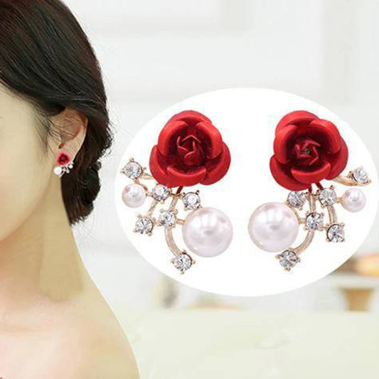 Fashion Red Rose Rhinestone Stud Earrings