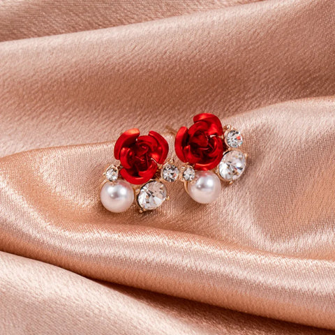 Fashion Red Rose Rhinestone Stud Earrings