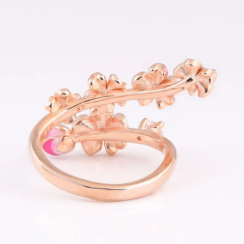 S925 Silver Rose Enamel Peach Blossom With Crystal Ring