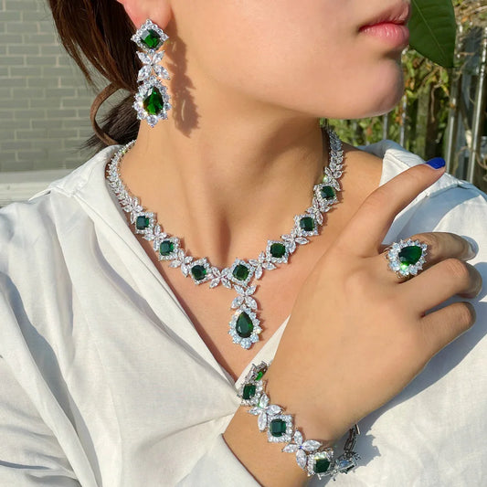 CWWZircons Luxury Big Green CZ Women Wedding Costume Jewellery Necklace 4 pcs African Dubai Bridal Party Jewelry Sets T597