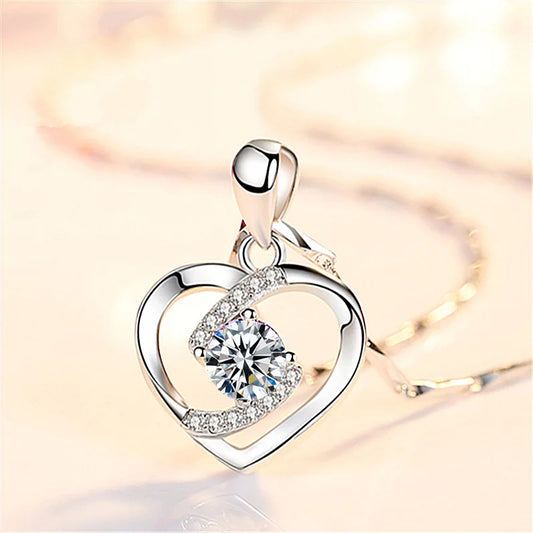 Minimalist Silver Color Heart Necklace AAA Shiny Zircon Long Hollow Elegant Jewelry Girls Party Birthday Got Engaged Gift