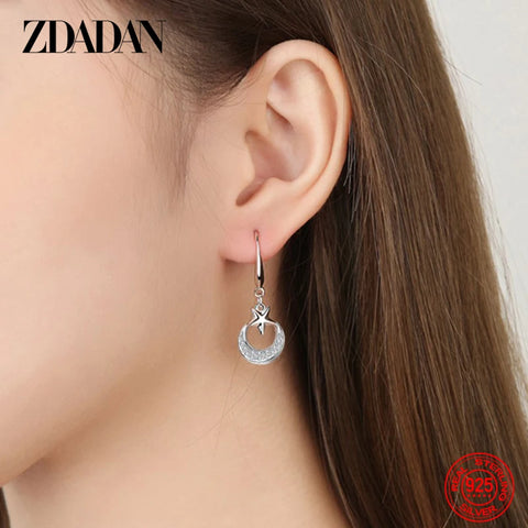 ZDADAN 925 Sterling Silver Star Moon Dangle Earrings