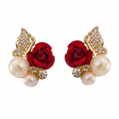 Fashion Red Rose Rhinestone Stud Earrings