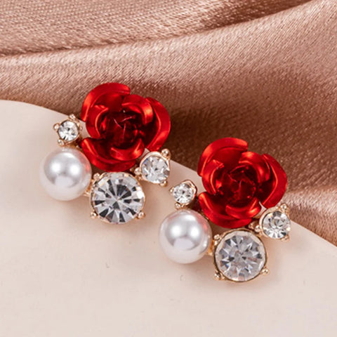 Fashion Red Rose Rhinestone Stud Earrings