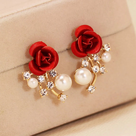 Fashion Red Rose Rhinestone Stud Earrings