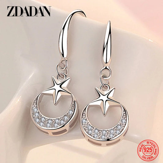 ZDADAN 925 Sterling Silver Star Moon Dangle Earrings