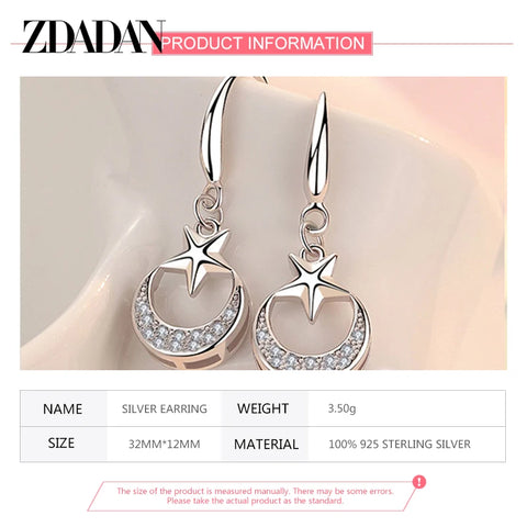 ZDADAN 925 Sterling Silver Star Moon Dangle Earrings