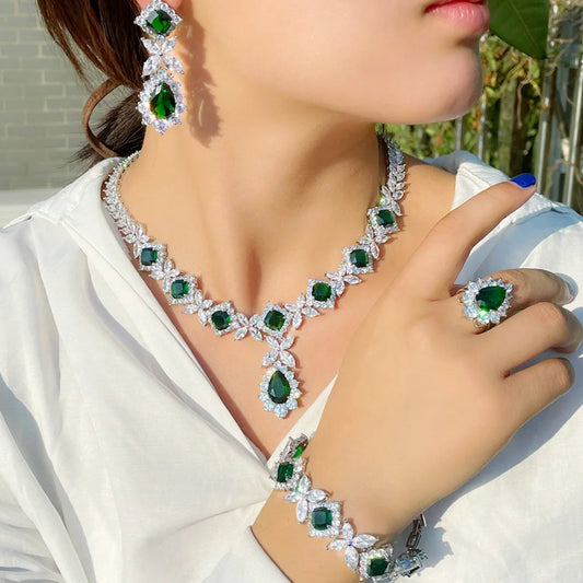 Pera Luxurious Silver Color Green CZ Crystal Leaf Square Shape Link Bracelet Ring Necklace Earrings Jewelry Sets for Brides J494