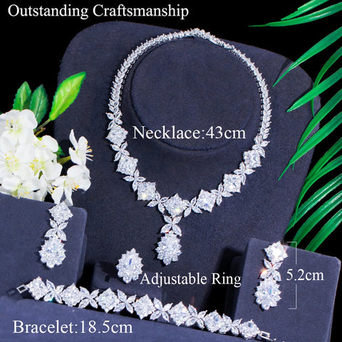 Pera Luxurious Silver Color Green CZ Crystal Leaf Square Shape Link Bracelet Ring Necklace Earrings Jewelry Sets for Brides J494