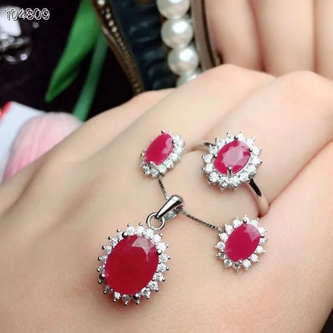 Elegant 100% Real and Natural Ruby Set 925 Sterling Silver 1pc Ruby Ring,2pcs Ruby Earring,1pc Ruby Pendant