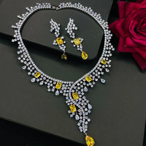 14K White Gold Topaz Diamond Cz Jewelry set Promise Party Wedding Earrings Necklace For Women Bridal Engagement Jewelry Gift