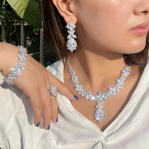 CWWZircons Luxury Big Green CZ Women Wedding Costume Jewellery Necklace 4 pcs African Dubai Bridal Party Jewelry Sets T597